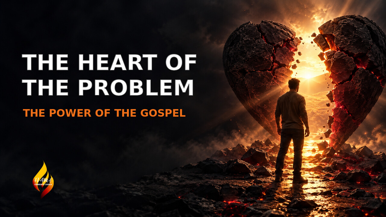 A broken stone heart opening to warm light, illustrating the transforming power of the gospel