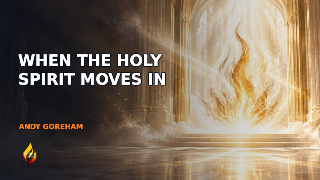 When the Holy Spirit Moves In sermon artwork — a golden flame within a light-filled doorway