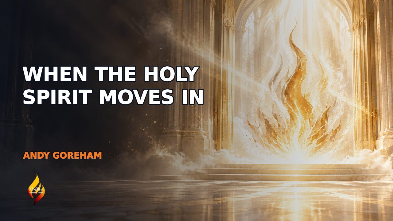 When the Holy Spirit Moves In sermon artwork — a golden flame within a light-filled doorway